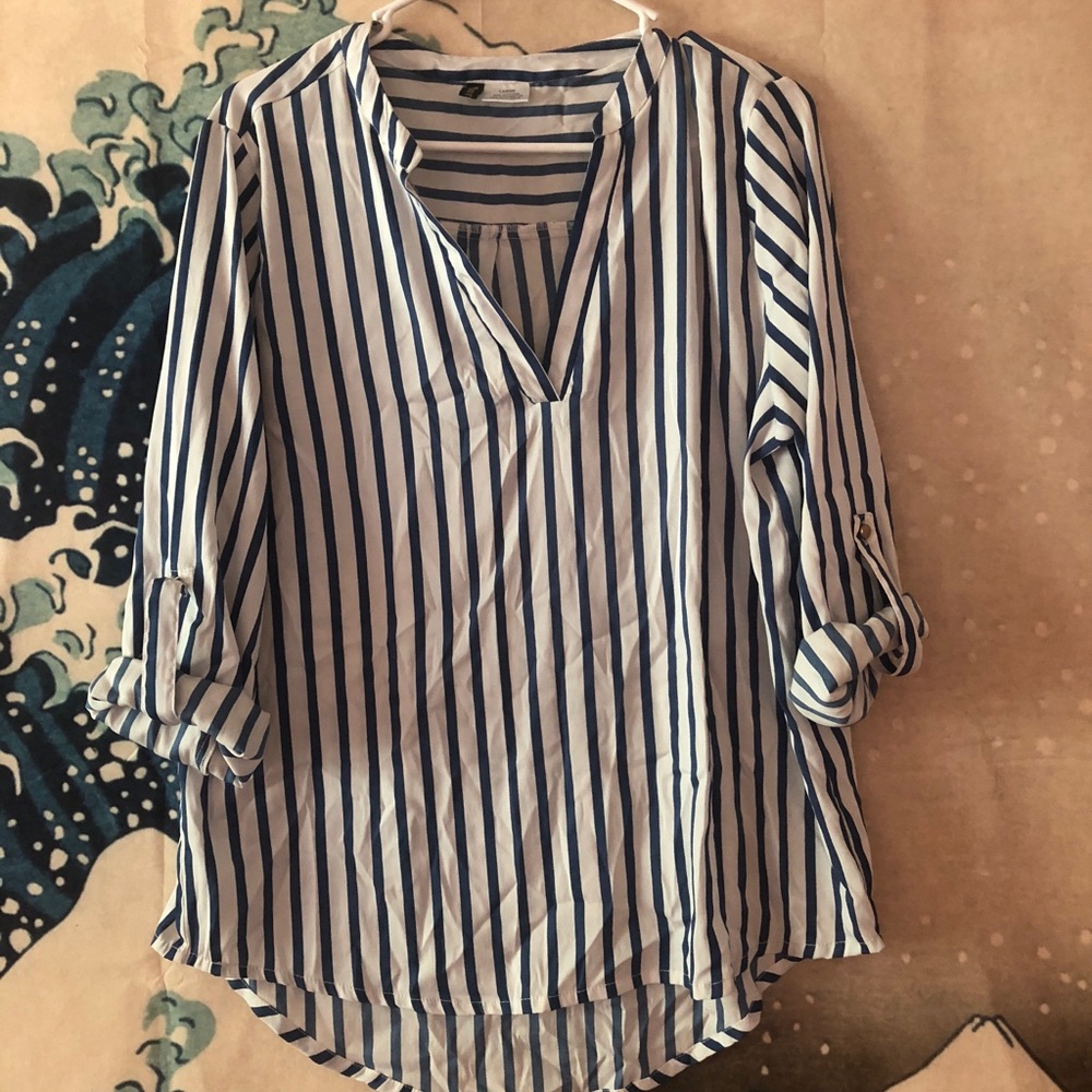 Navy and white striped blouse, quarter sleeve